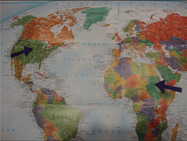 World map with United States and Sudan pointed out